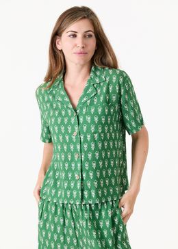 Dainty Floral Block Print Short Sleeve Collar Shirt - Basil Green - front view