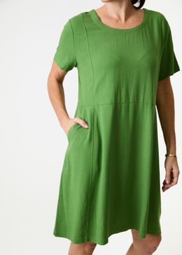 Linen Viscose Panelled Knee Length Dress - Basil Green - general view