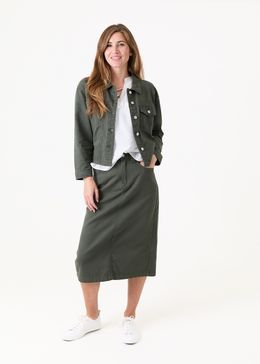 Cotton Twill Split Detail Midi Skirt - Khaki - front view