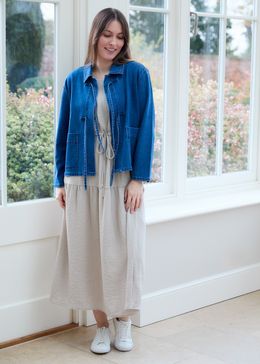 Denim Boxy Tie Front Collar Jacket - Denim Blue - front view