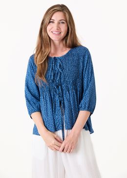 Mini Leopard Print Shirred Body Tie Front Blouse - Denim Blue - side body view