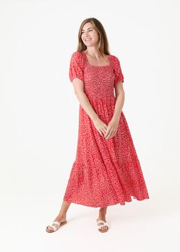 Mono Ditsy Shirred Bodice Maxi Dress - Poppy Red - front view