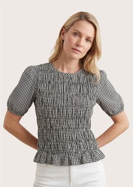 Gingham Check Shirred Bodice Top - Black - front view