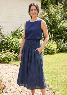 Gingham Check Shirred Skirt - Denim Blue - front view