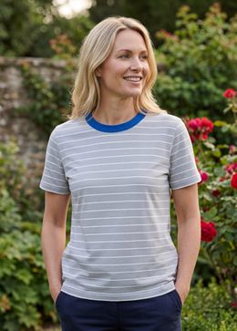 Thin Stripe Semi Fitted Short Sleeve T-Shirt - Stone - front view