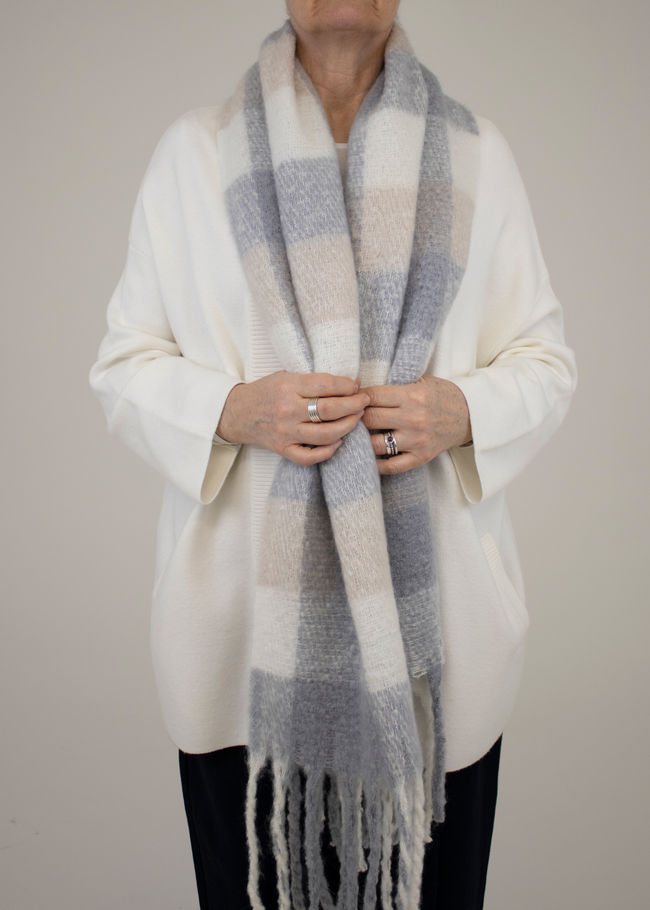 Multi Check Brushed Scarf (Grey) - Grey - front view