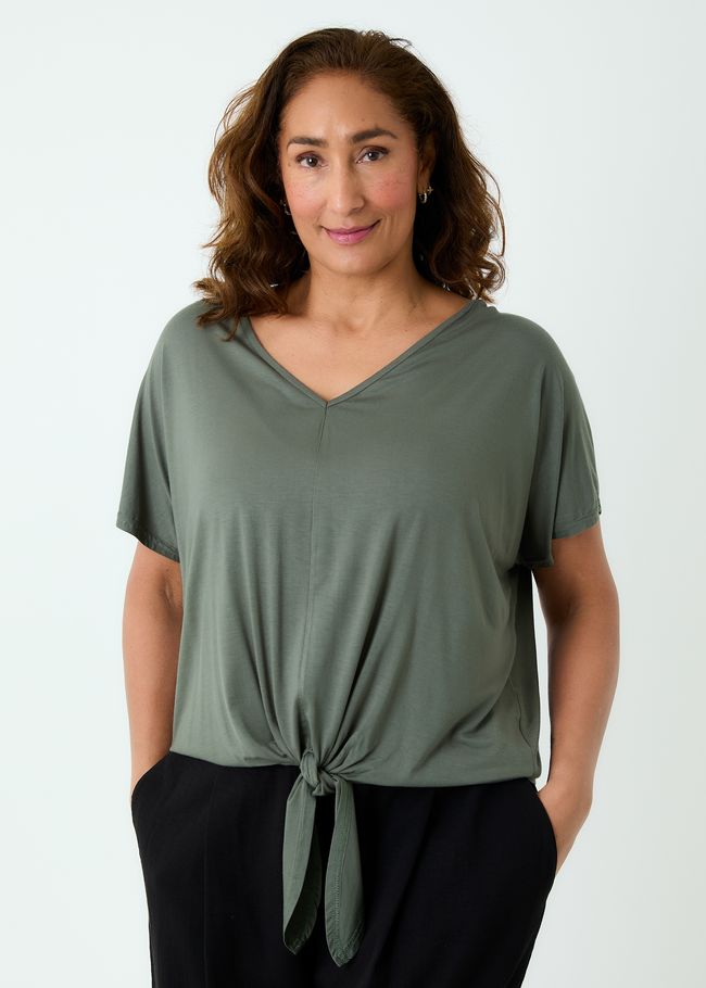 Bamboo Jersey V-Neck Tie Front Short Sleeve Top - Khaki - front view