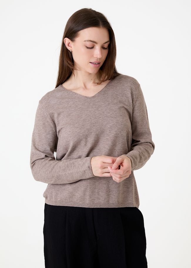 Cashmere Like Fitted V-Neck Jumper - Mink - front view