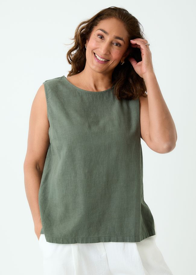Linen Viscose Keyhole Back Shell Vest - Khaki - front view