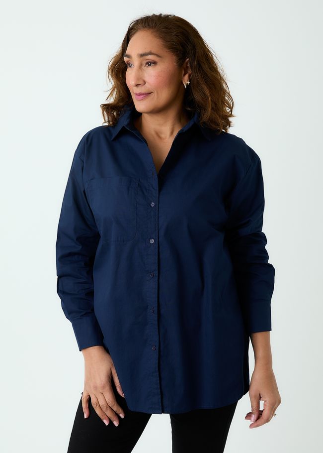 Oversized Cotton Poplin Shirt - Navy Blue - front view