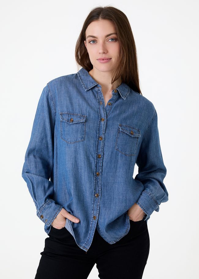 Patch Pocket Denim Shirt - Denim Blue - front view
