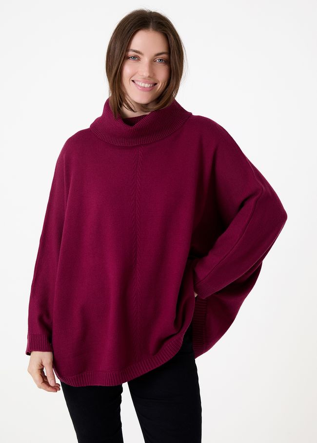 Cashmere Like Mini Cable Roll Neck Jumper - Berry - front view