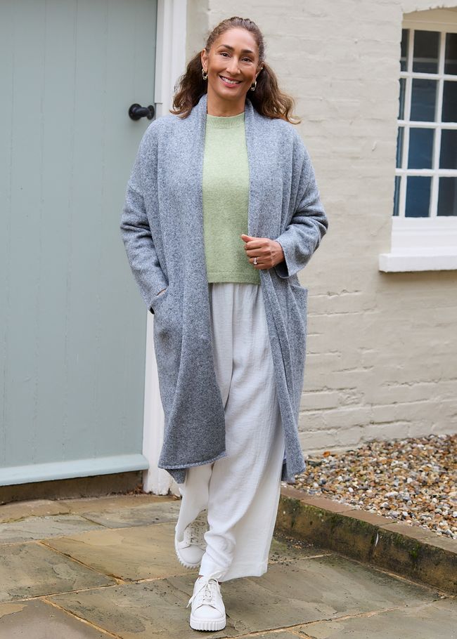 Soft Tweed Roll Collar Coatigan - Mid Grey - front view