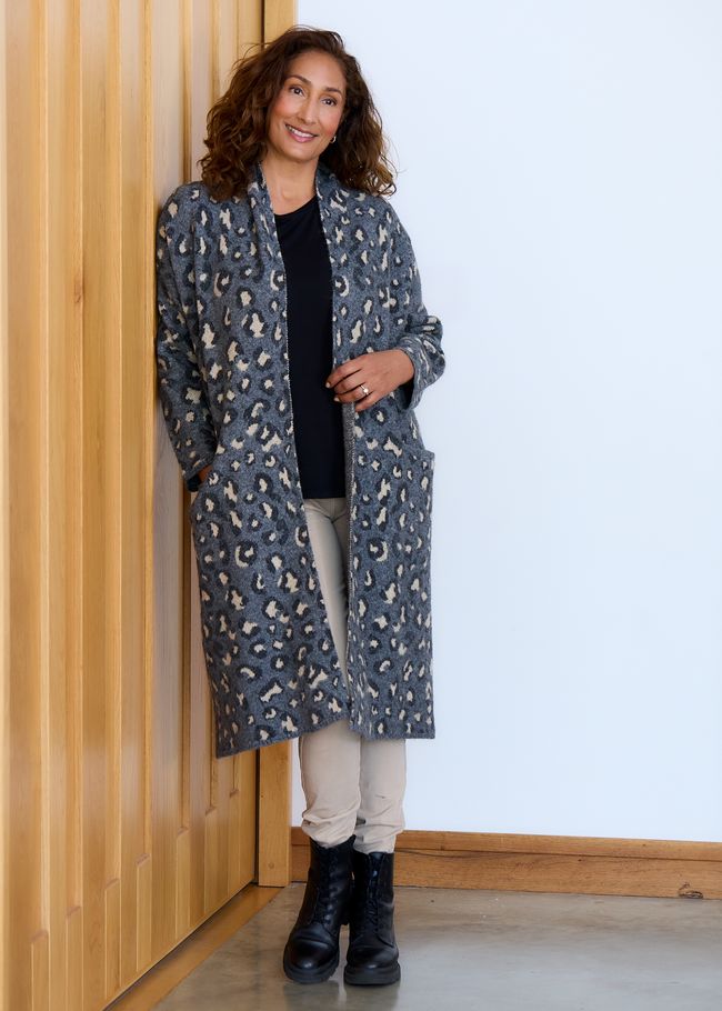 Leopard Jacquard Roll Collar Coatigan - Grey - front view