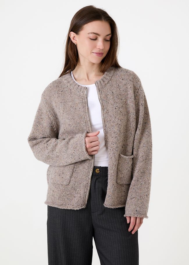 Soft Nep Boxy Zip Front Cardigan - Mink - side body view