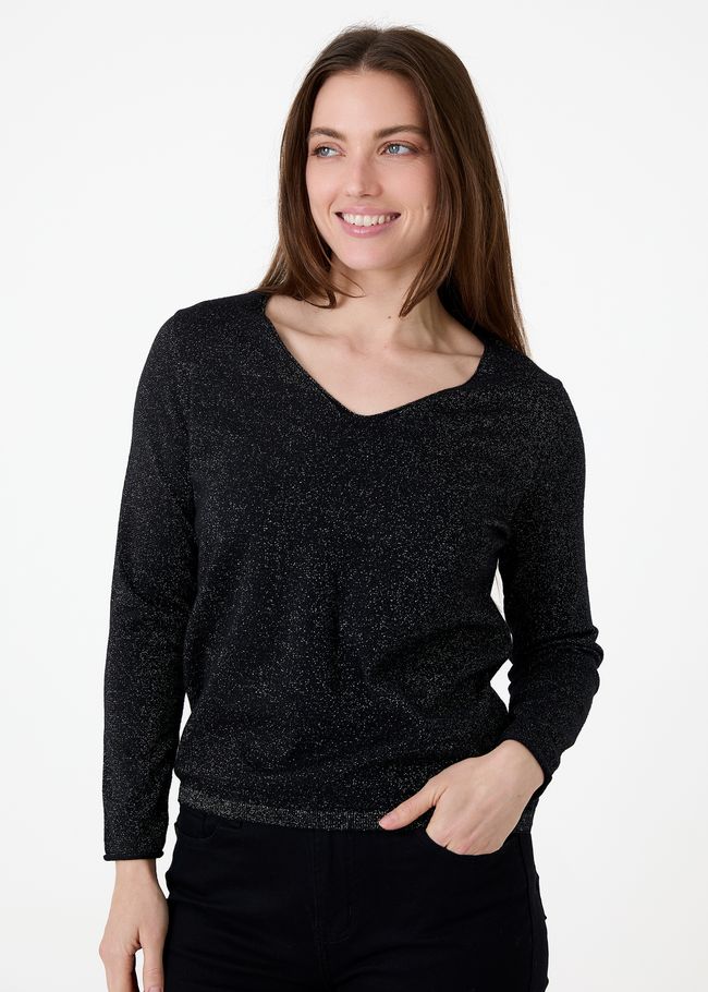 Cashmere Like Lurex Fitted V-Neck Jumper - Black - front view