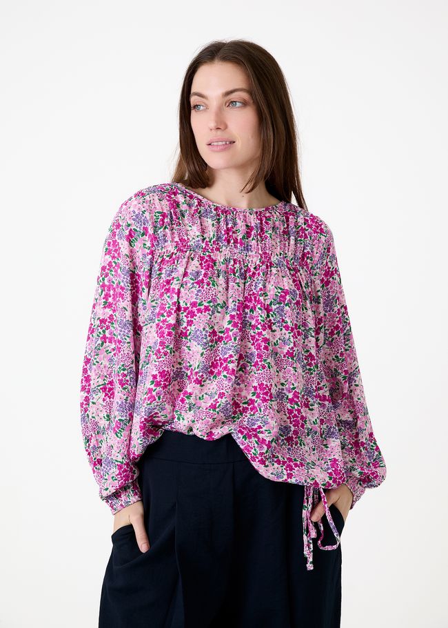 Ditsy Cluster Drawstring Hem Blouse - Lilac - front view