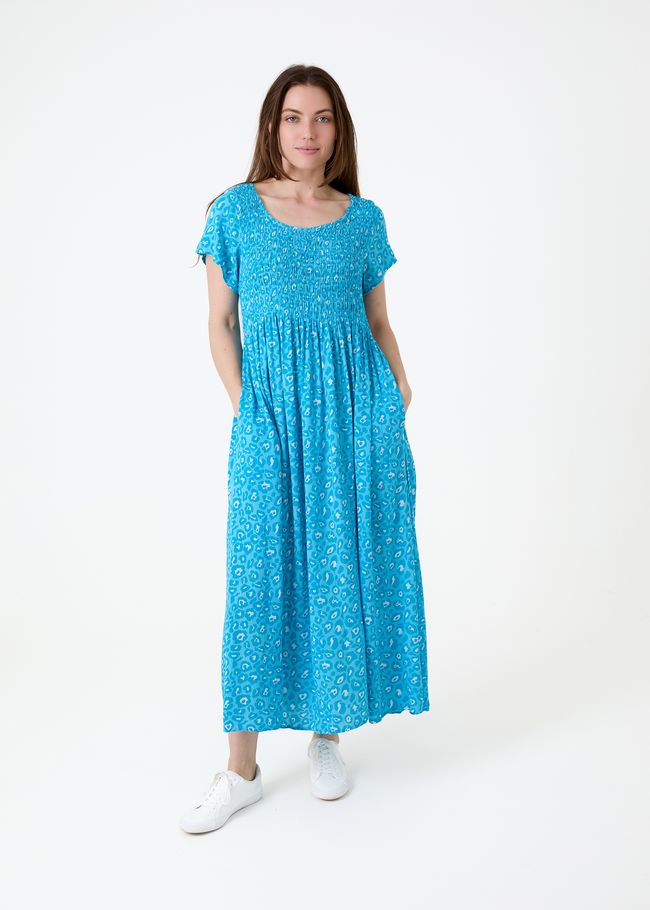 Tonal Leopard Short Sleeve Shirring Dress - Turquoise - front view