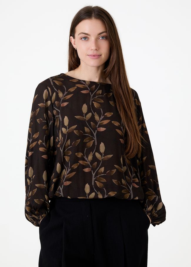 Watercolour Vines Elasticated Hem Blouse - Chocolate - front view
