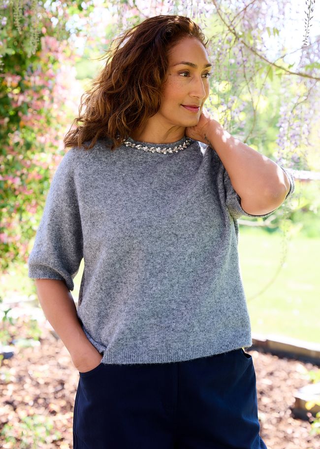 Diamante Necklace Short Sleeve Raglan Jumper - Mid Grey - front view