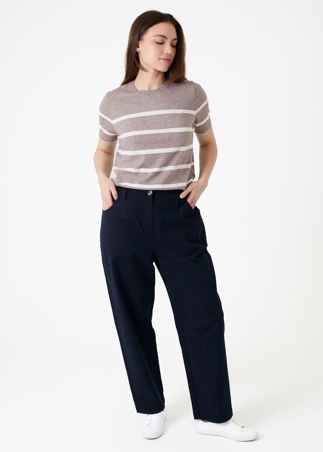 Balloon Leg Elastic Waist Cotton Twill Trousers - Navy - front view