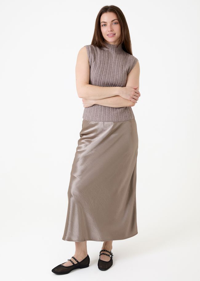 A-Line Bias Cut Satin Skirt - Mink - side body view