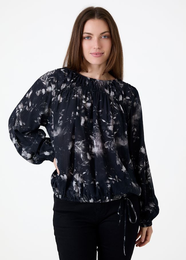 Floral Foliage Drawstring Hem Blouse - Black - front view