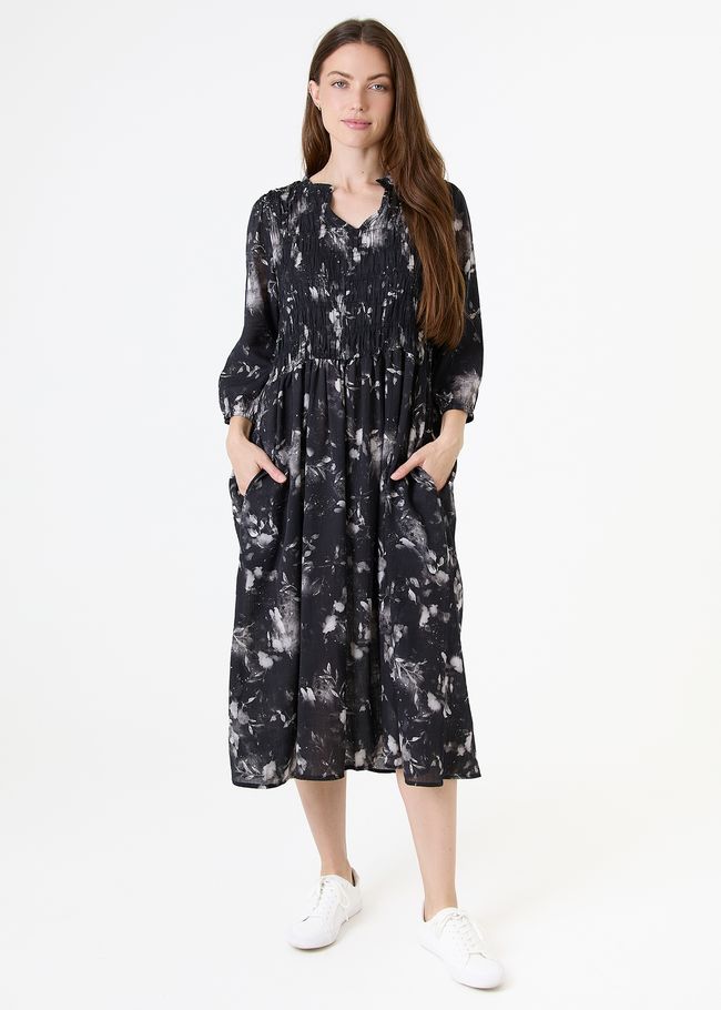 Floral Foliage Shirring Notch Neck Dress - Black - front view