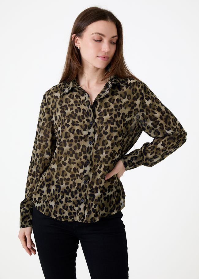 Leopard Print Chiffon Shirt - Khaki - front view