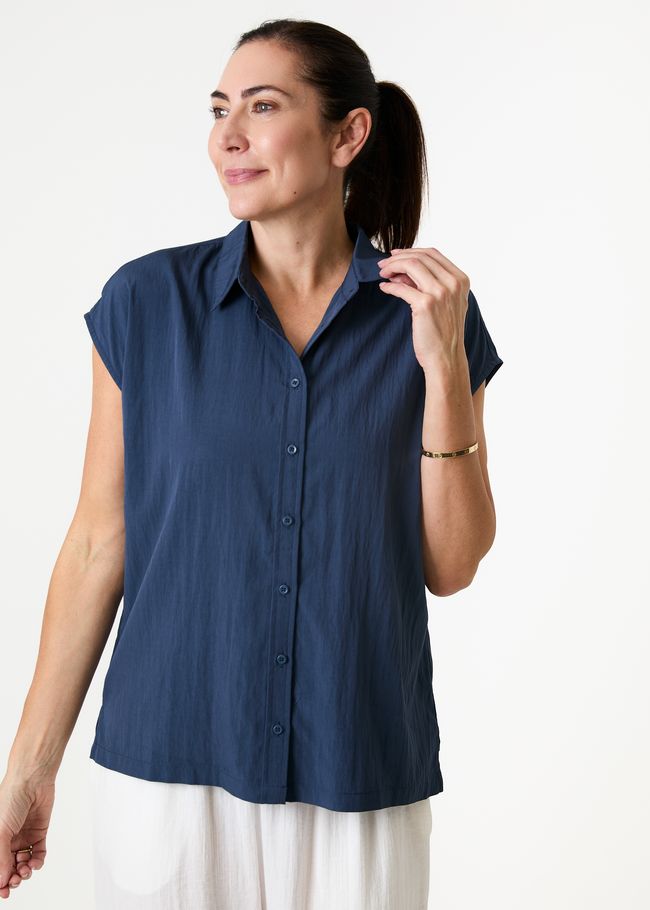 Cap Sleeve Button Through Shirt - Navy - front view