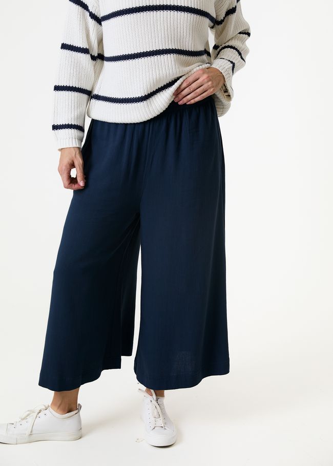 Linen Viscose Elastic Waist Culottes - Navy - front view