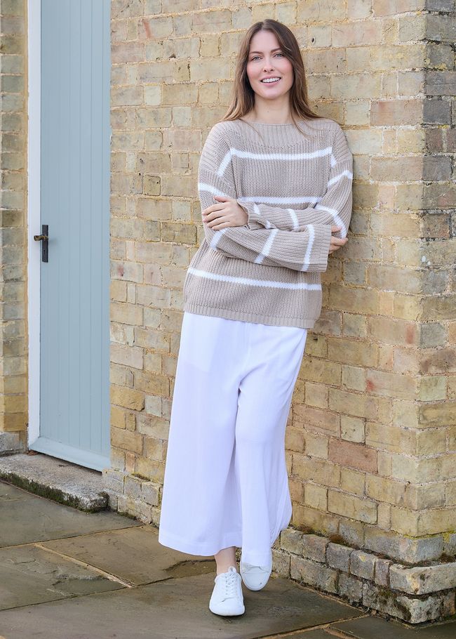 Linen Viscose Elastic Waist Culottes - White - front view