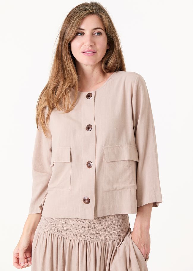 Linen Viscose Boxy Round Neck Two Pocket Jacket - Stone - front view