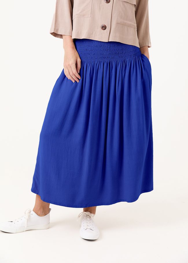 Linen Viscose Shirred Waist A-Line Maxi Skirt - Royal Blue - front view