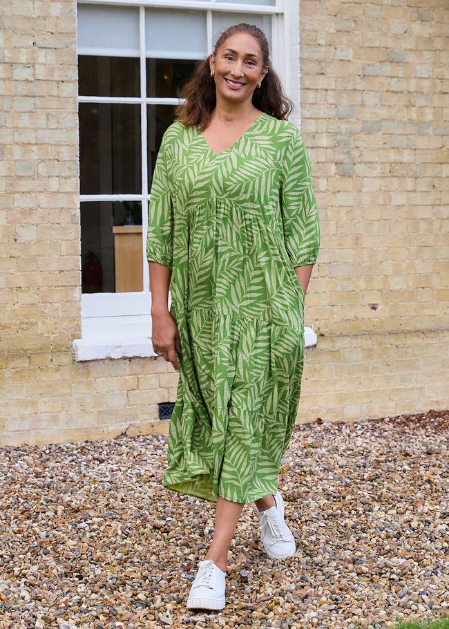 Dotty Tropical Palm Tiered Dress - Basil Green - front view