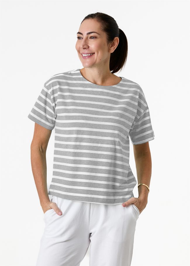 Cotton Stripe Wide Neck Boxy T-Shirt - Grey Melange - front view