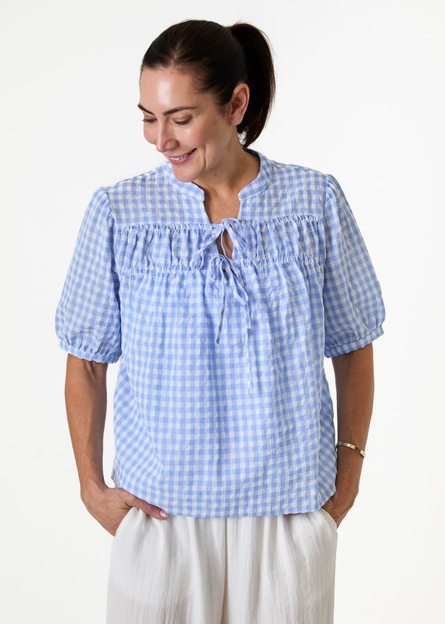 Gingham Nehru Tie Neck Shirred Blouse - Sky Blue - front view