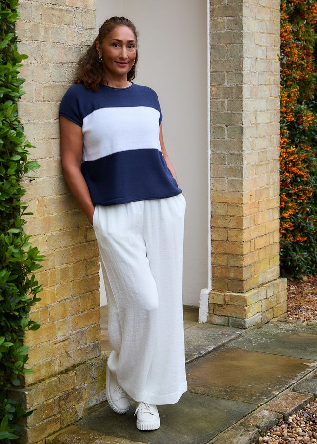 Cotton Mix Block Stripe Sleeveless Jumper - Navy - front view