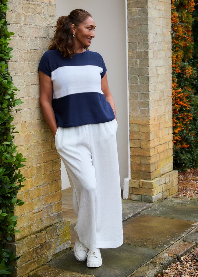 Cotton Mix Block Stripe Sleeveless Jumper - Navy - front view
