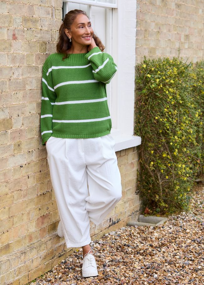 Cotton Mix Boat Neck Stripe Jumper - Basil Green - front view