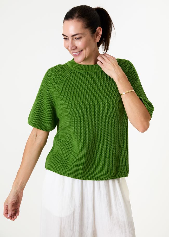 Cotton Mix Rib Short Sleeve Raglan Jumper - Basil Green - front view
