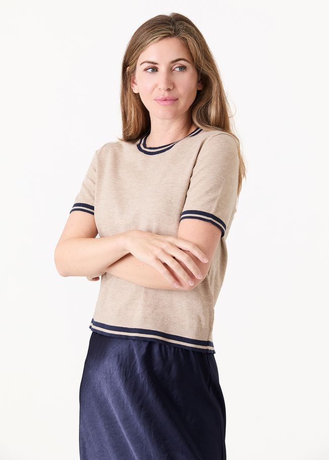 Cashmere Like Crew Neck Tipped Detail Jumper - Stone - side body view