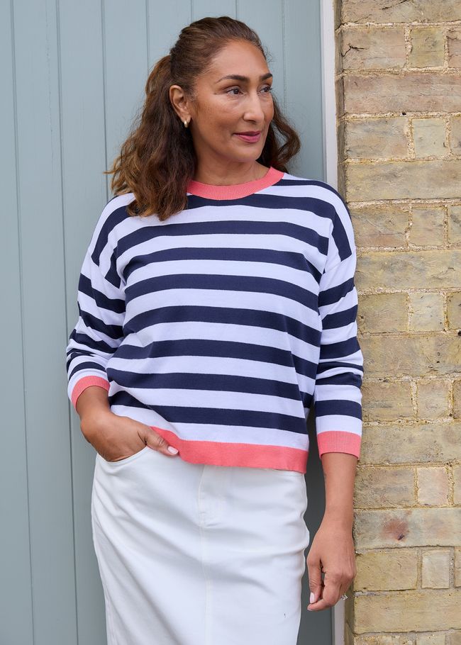 Cashmere Like Crew Neck Block Stripe Jumper - Navy - front view