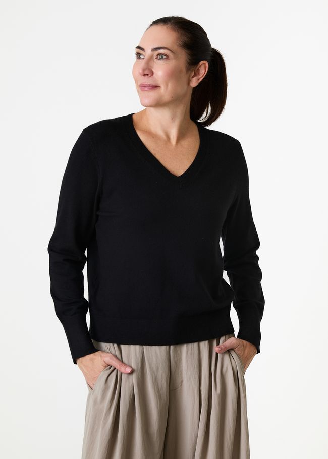 Cashmere Like Deep Cuff Fitted v Neck Jumper - Black - front view