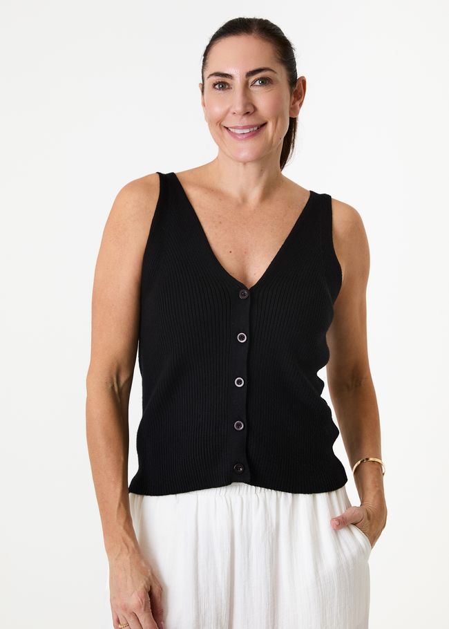 Cashmere Like v Neck Button Through Knitted Vest - Black - front view