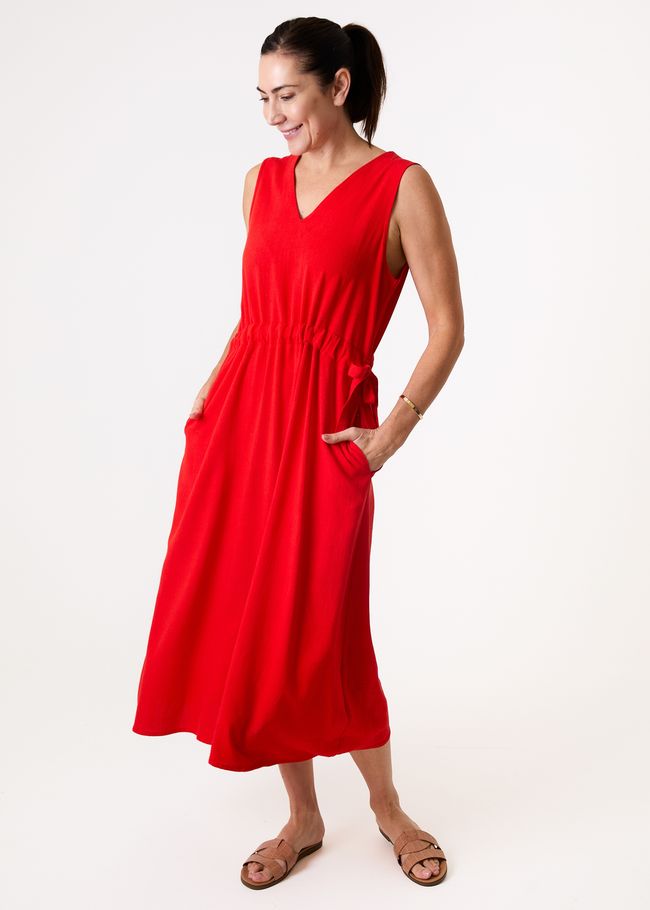Linen Viscose Sleeveless v Neck Drawstring Waist Dress - Poppy Red - side body view