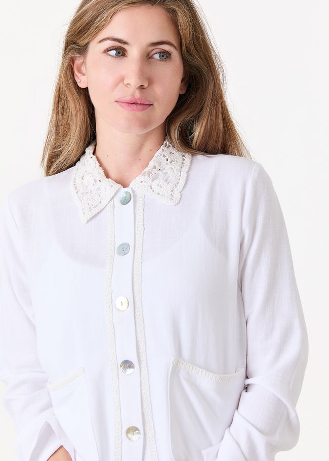 Linen Viscose Crochet Collar Boxy Linen Jacket - White - general view