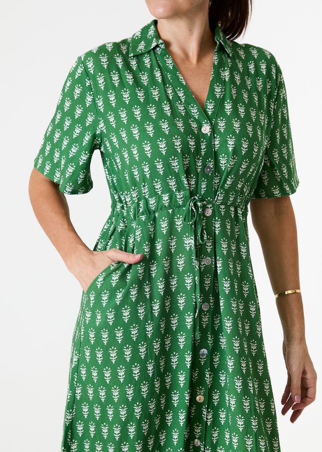 Dainty Floral Block Print Button Through Shirt Dress - Basil Green - general view