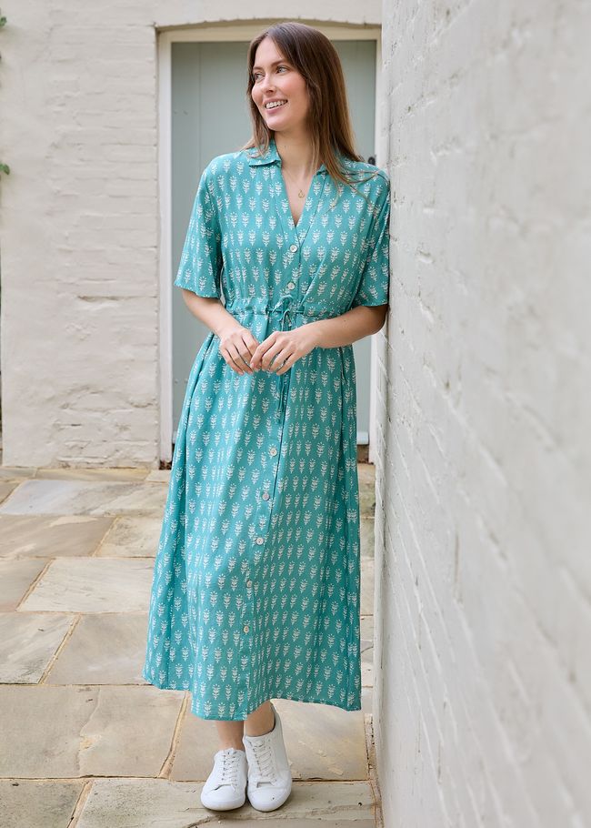 Dainty Floral Block Print Button Through Shirt Dress - Sea Foam - front view