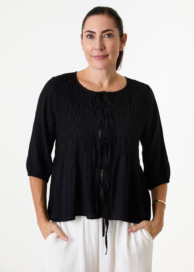 Textured Shirred Body Tie Front Blouse - Black - front view